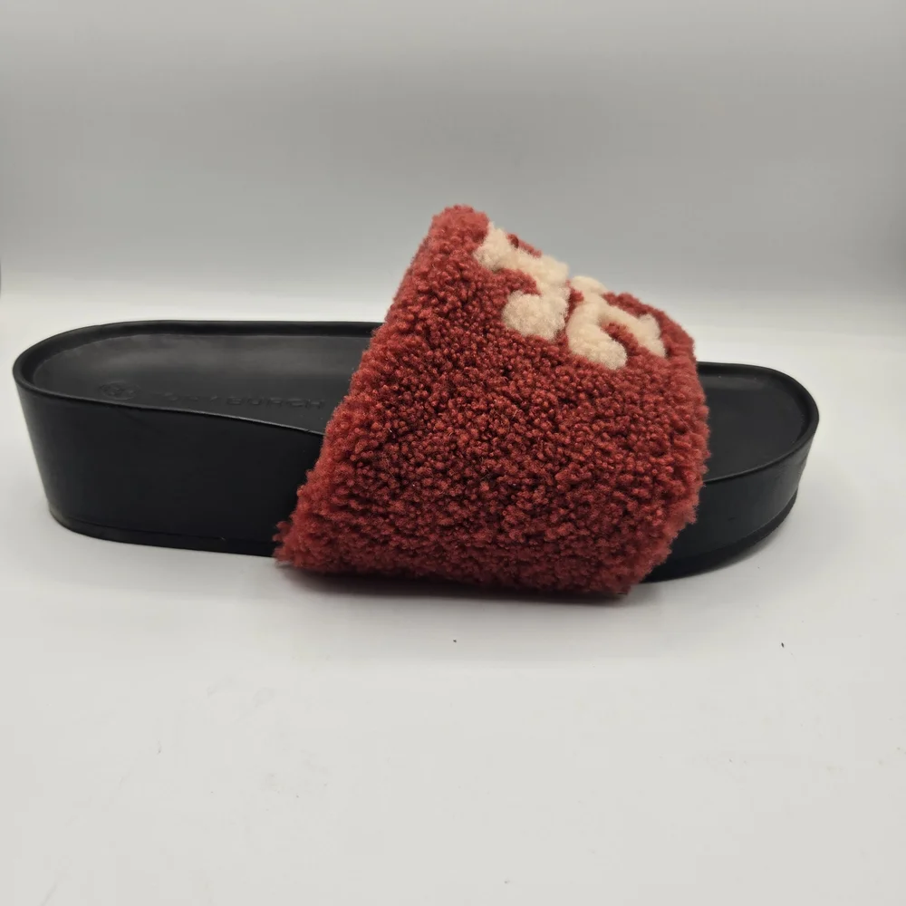 Tory Burch Double T Shearling Flatform Slide Sandals in a vibrant red and cream